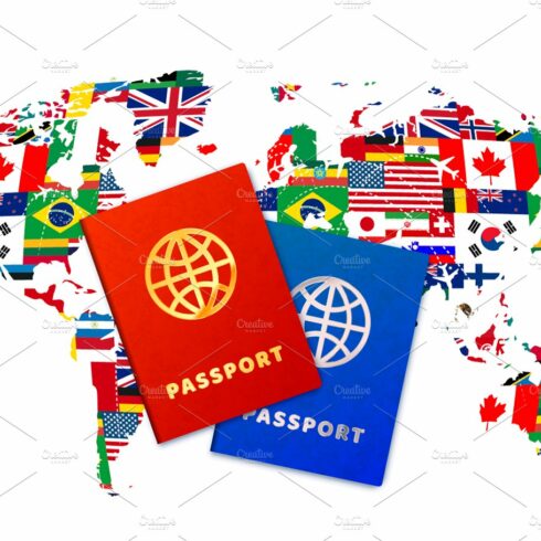 Passports on world map with flags cover image.