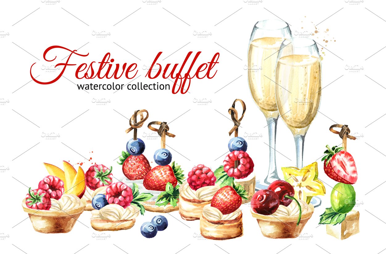 Festive buffet. Watercolor set cover image.