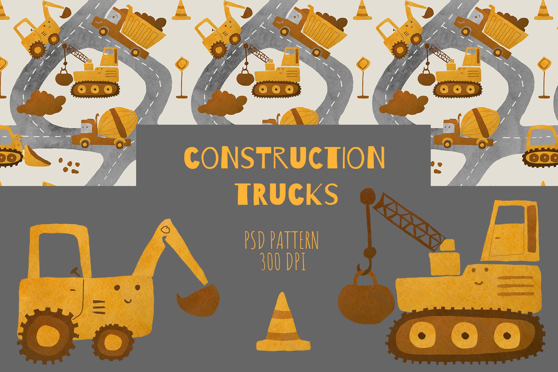Construction trucks patterns cover image.
