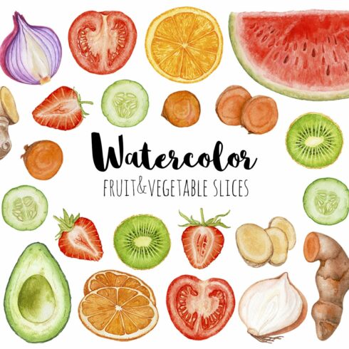 Watercolor fruit&vegetable slices cover image.