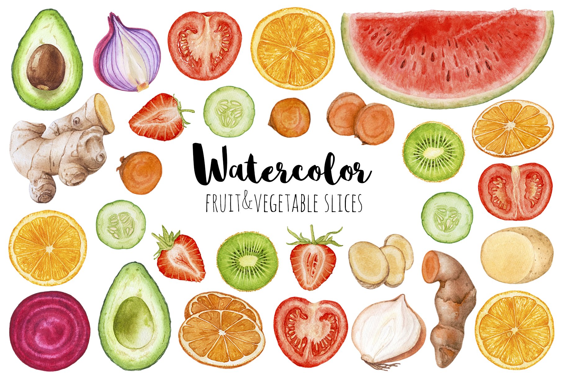 Watercolor fruit&vegetable slices cover image.