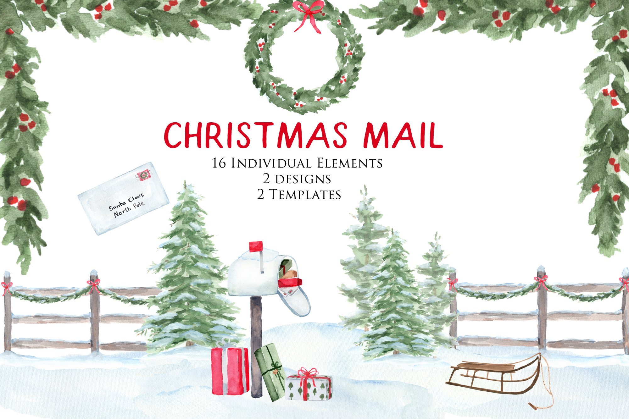 Christmas Mail Watercolor Clip Art
