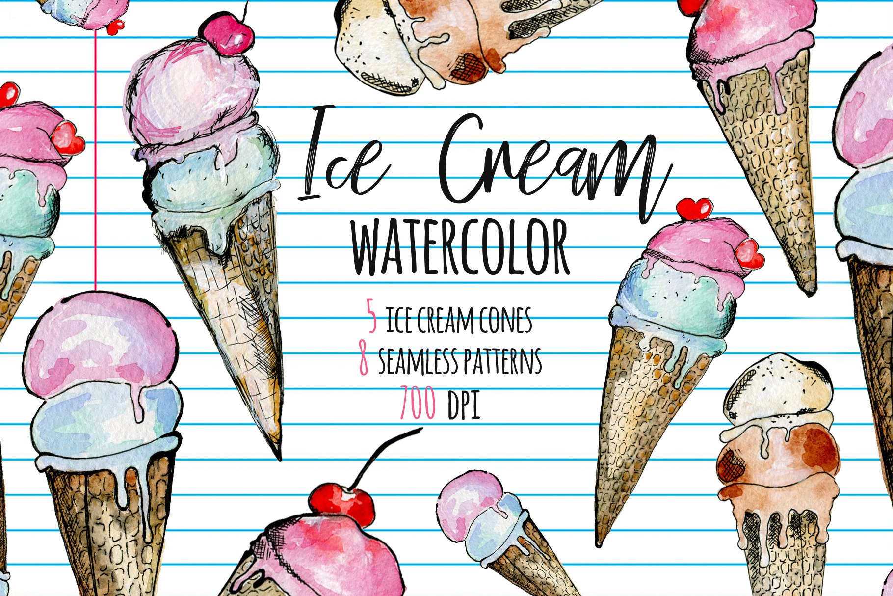 Watercolor ice cream cones cover image.