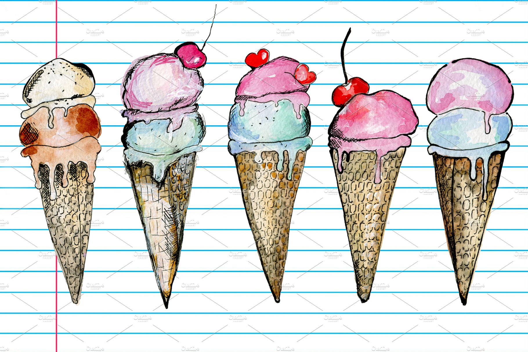 Watercolor ice cream cones preview image.