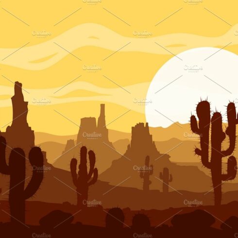 Sunset in stone desert. Vector set. cover image.
