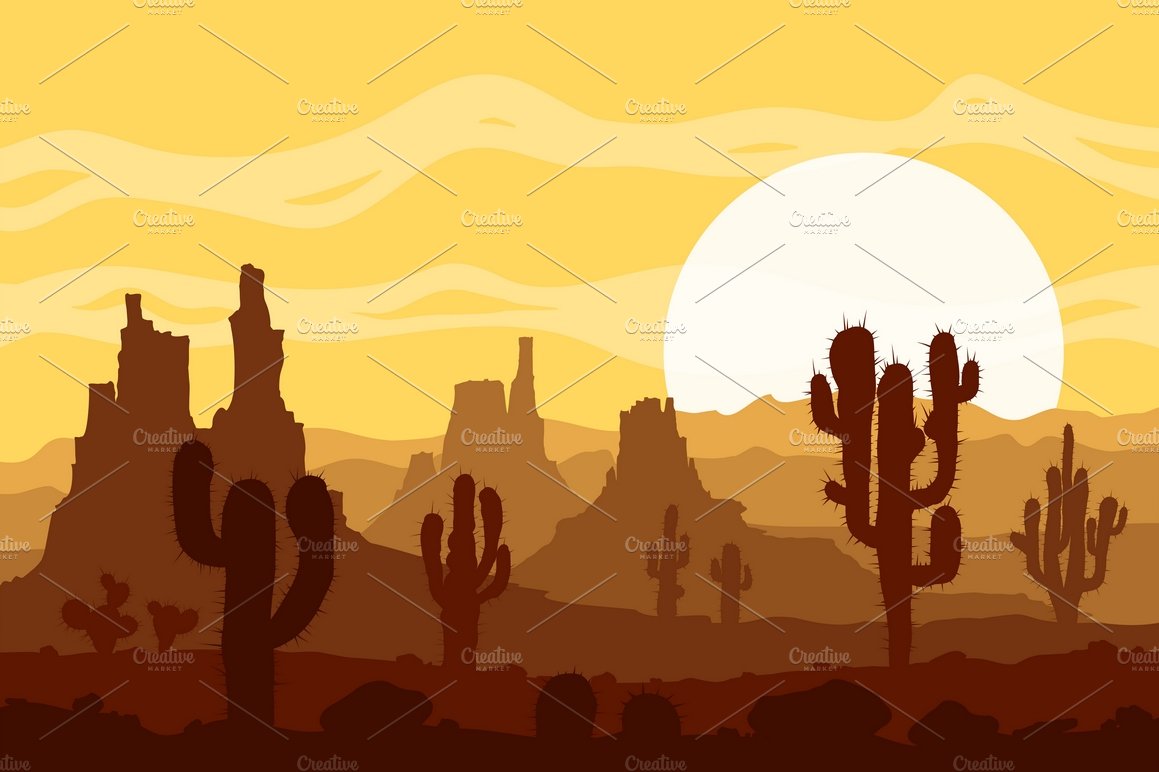 Sunset in stone desert. Vector set. cover image.