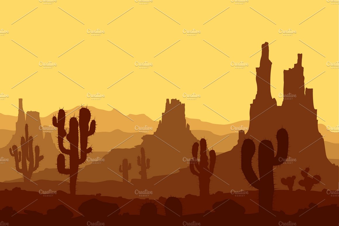 Sunset in stone desert. Vector set. preview image.