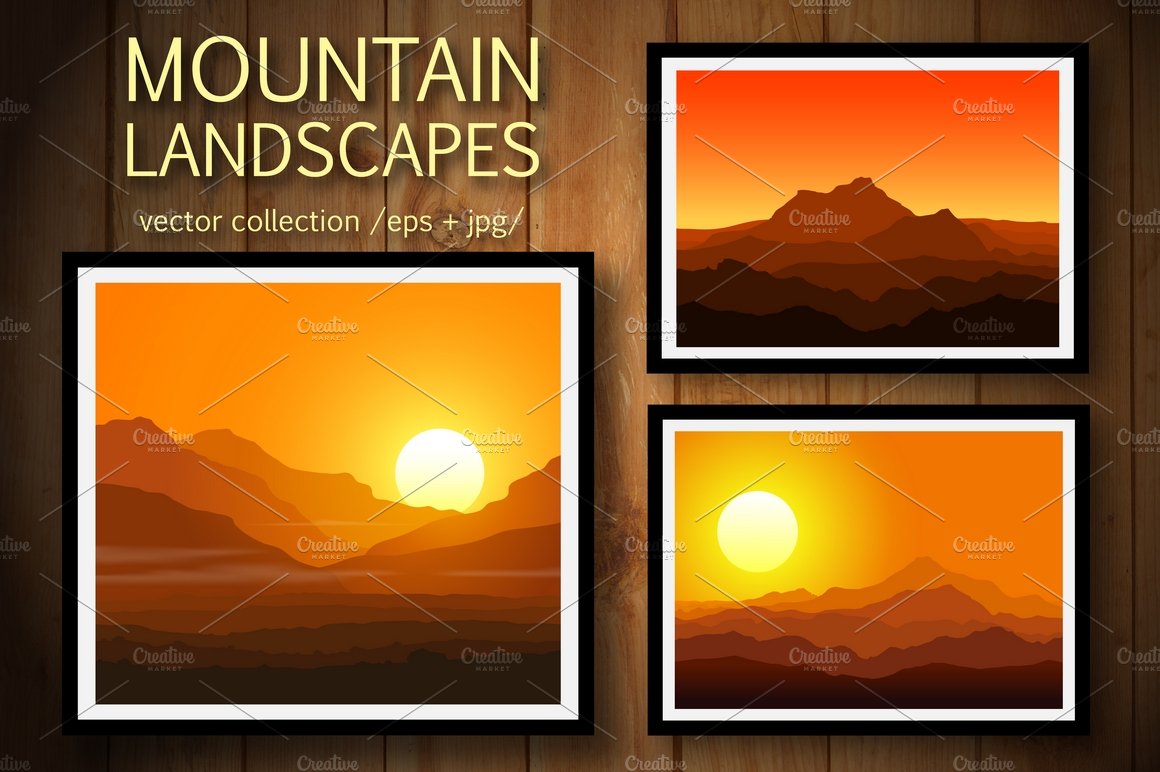 Mountains at Sunset. Vector set. cover image.