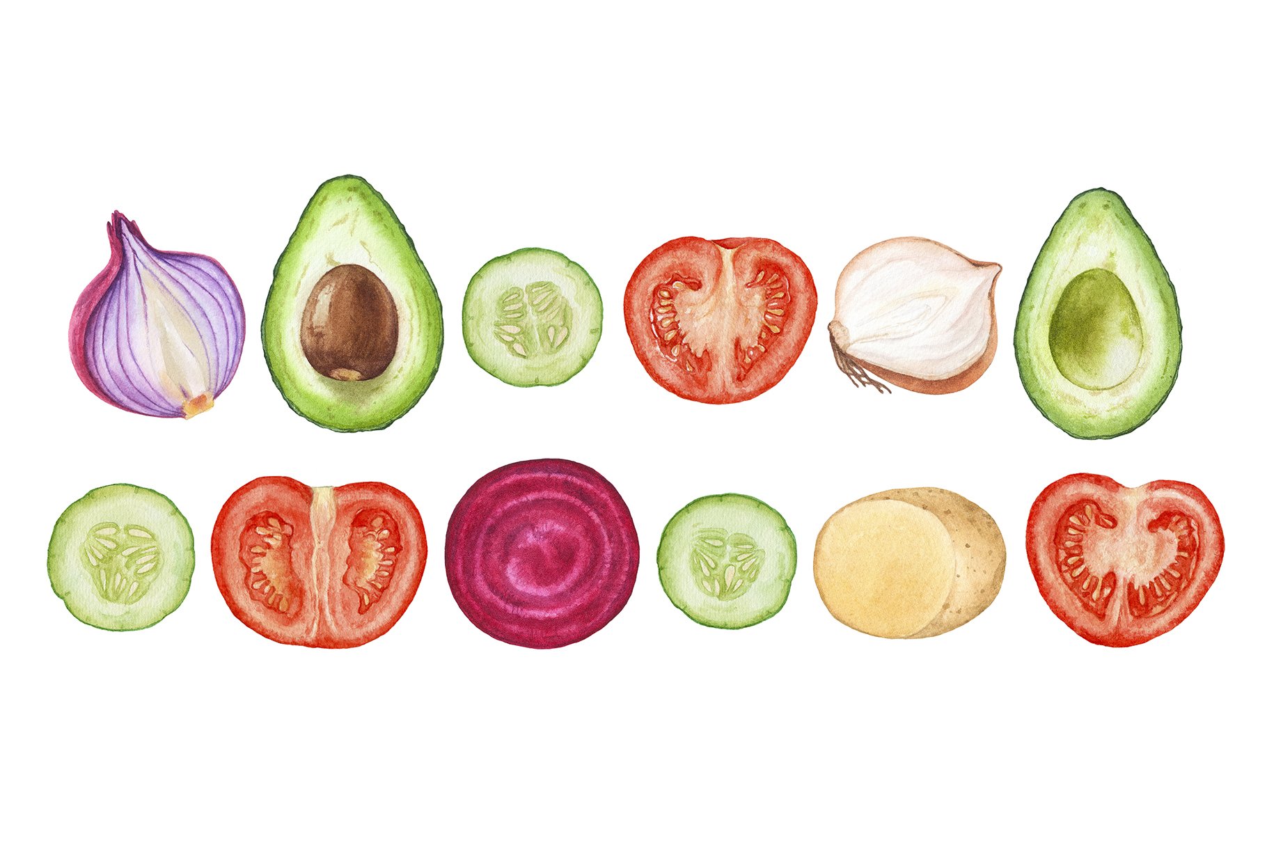 Watercolor fruit&vegetable slices preview image.