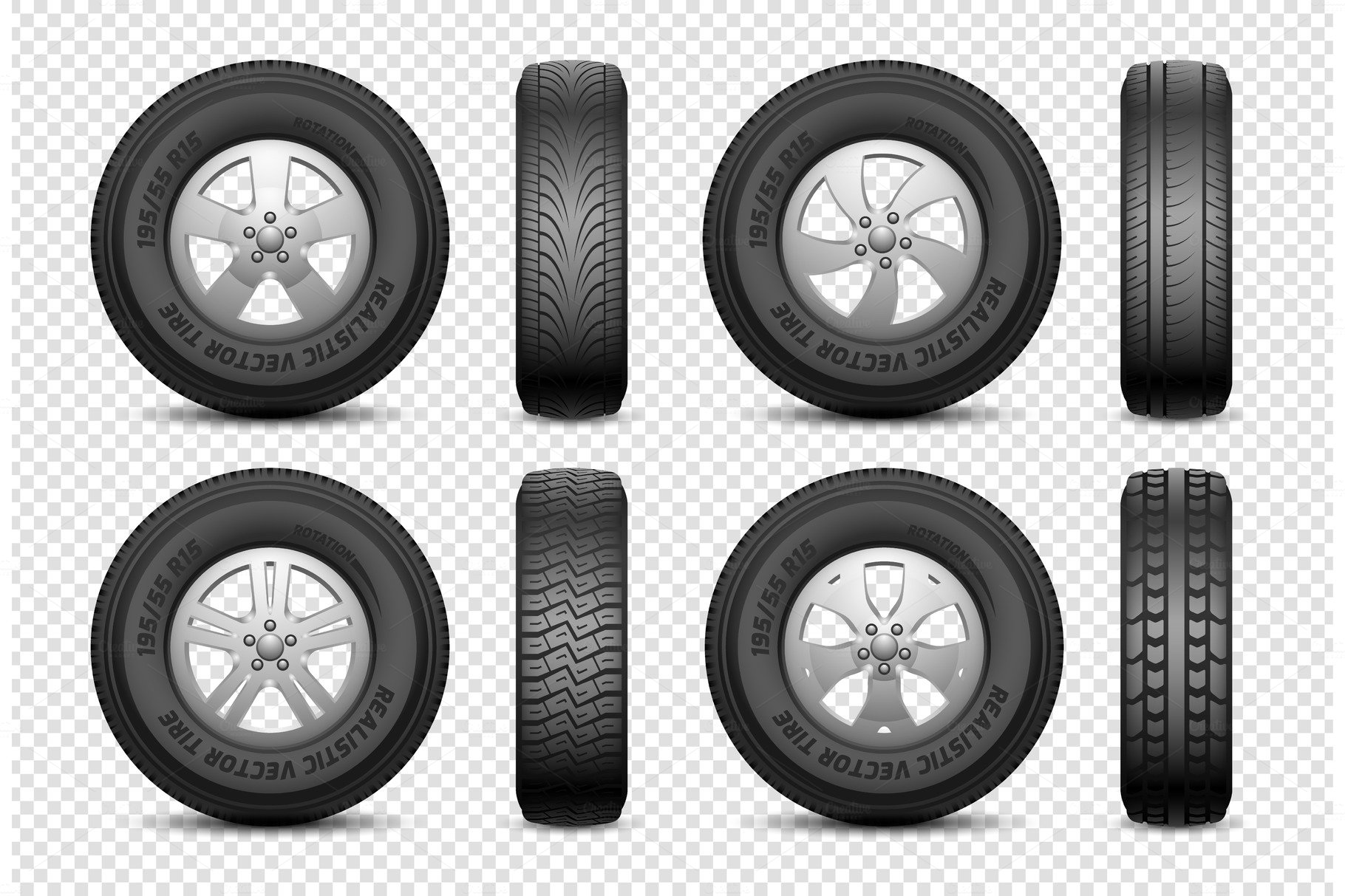 Realistic tires. Isolated car rubber cover image.