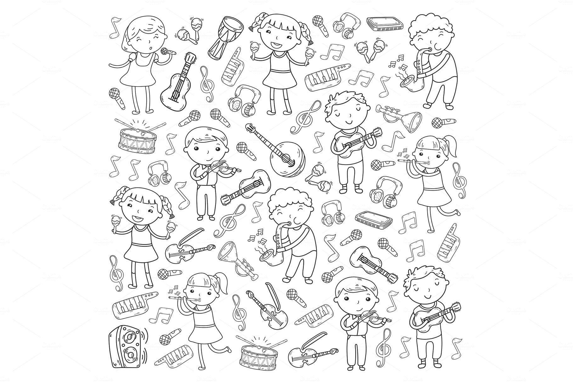 Music school for kids Vector illustration Children singing songs, playing m... cover image.
