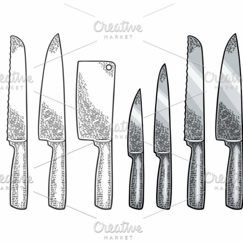 Set kitchen knifes. Vector black vintage engraving cover image.