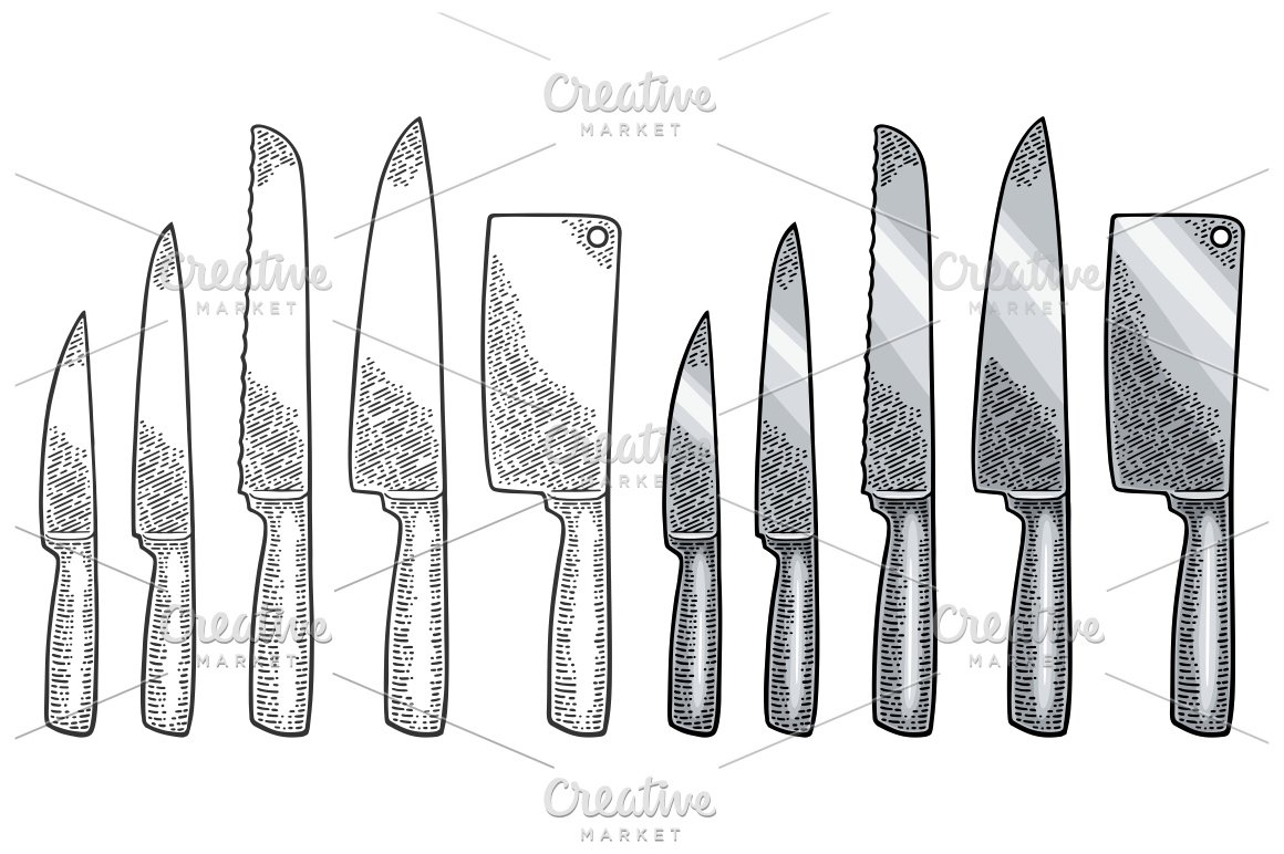 Set kitchen knifes. Vector black vintage engraving cover image.