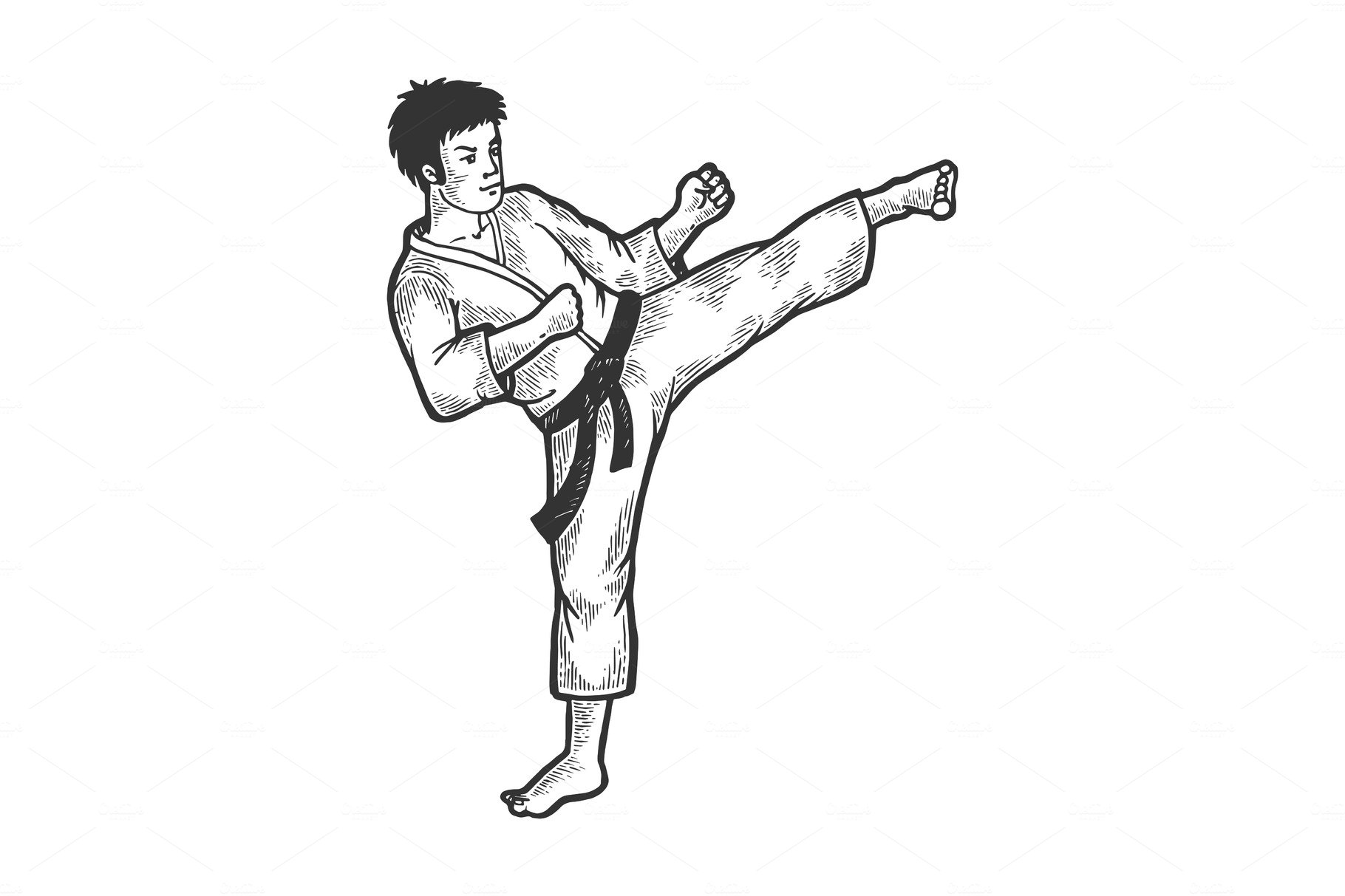 Karate strikes foot sketch engraving cover image.