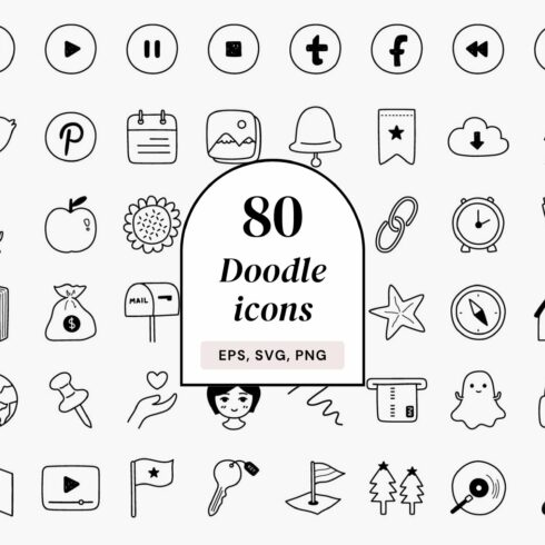 80 doodle icons set cover image.