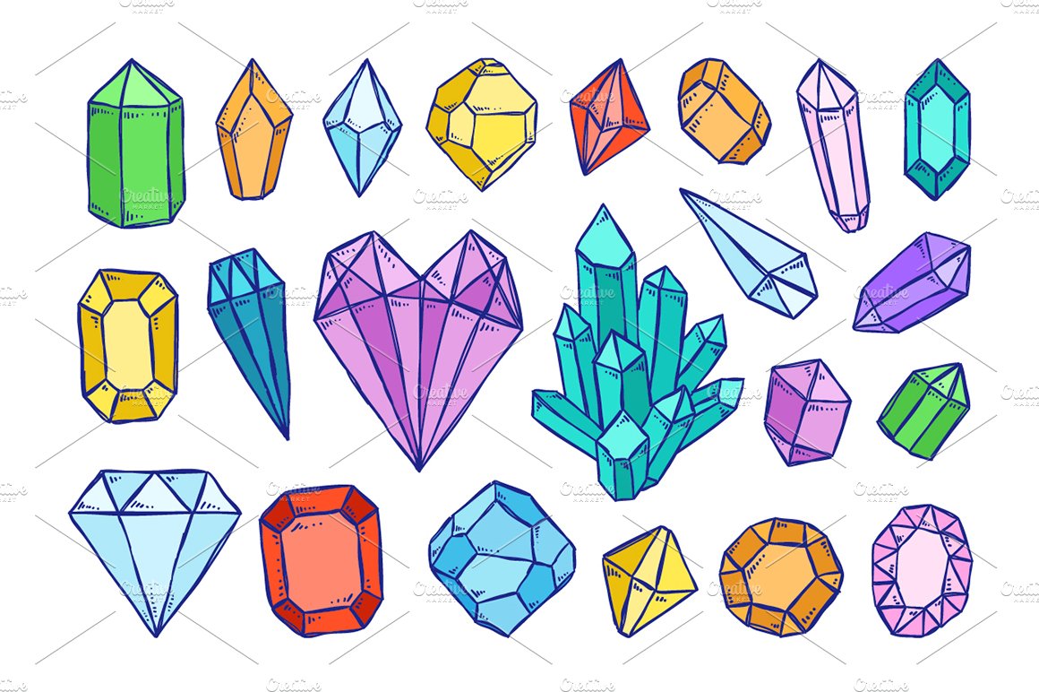 Crystals and gems illustrations preview image.