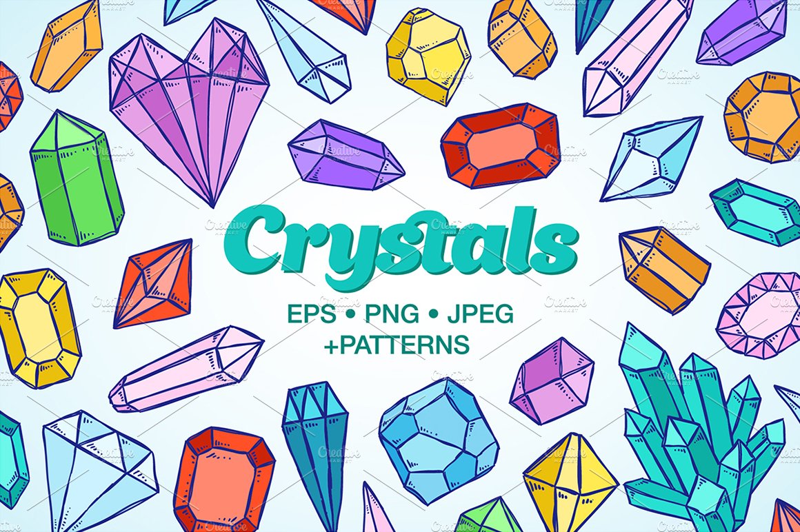 Crystals and gems illustrations cover image.
