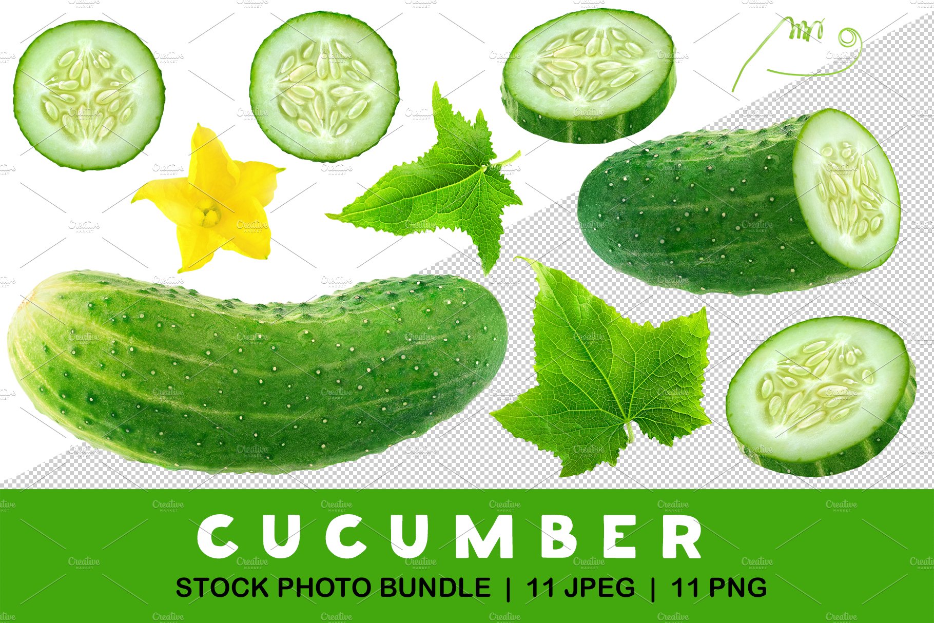 Cucumber pieces, leaves and flower cover image.