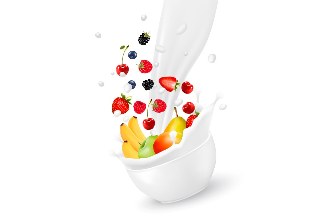 Fresh fruit  falling into the milk cover image.