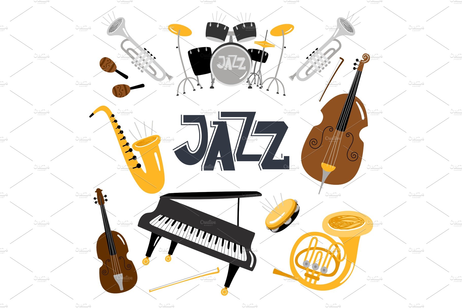 Jazz musical instruments. Vector cover image.