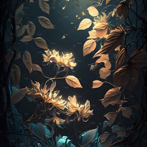 Magical iridescent flowers in dark mystery forest cover image.