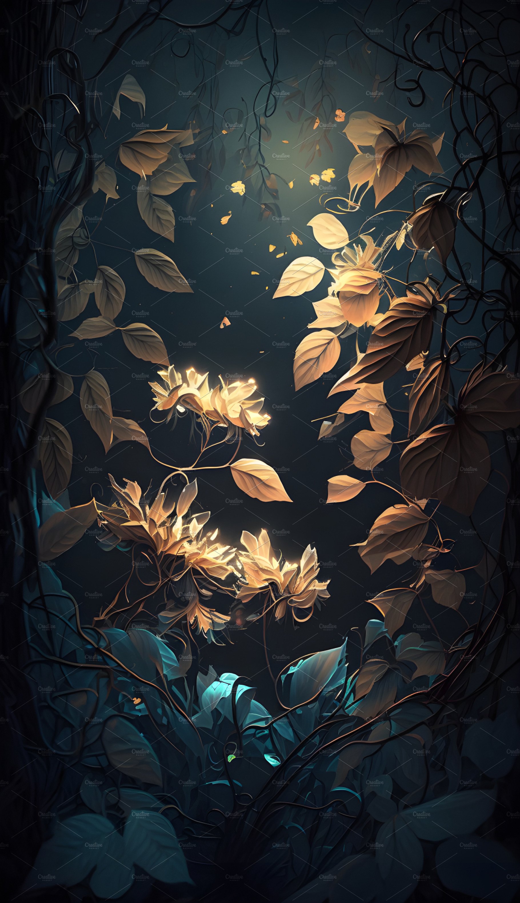 Magical iridescent flowers in dark mystery forest cover image.