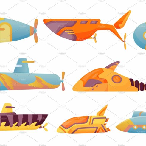 Collection submarines undersea. Cute cover image.