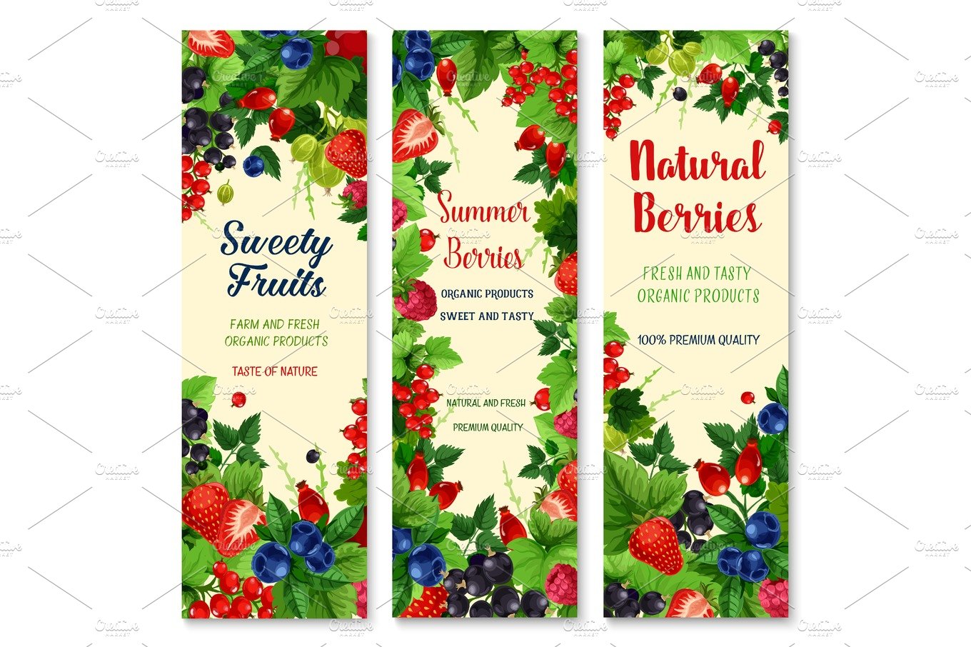 Fresh berries and fruits vector banners set cover image.