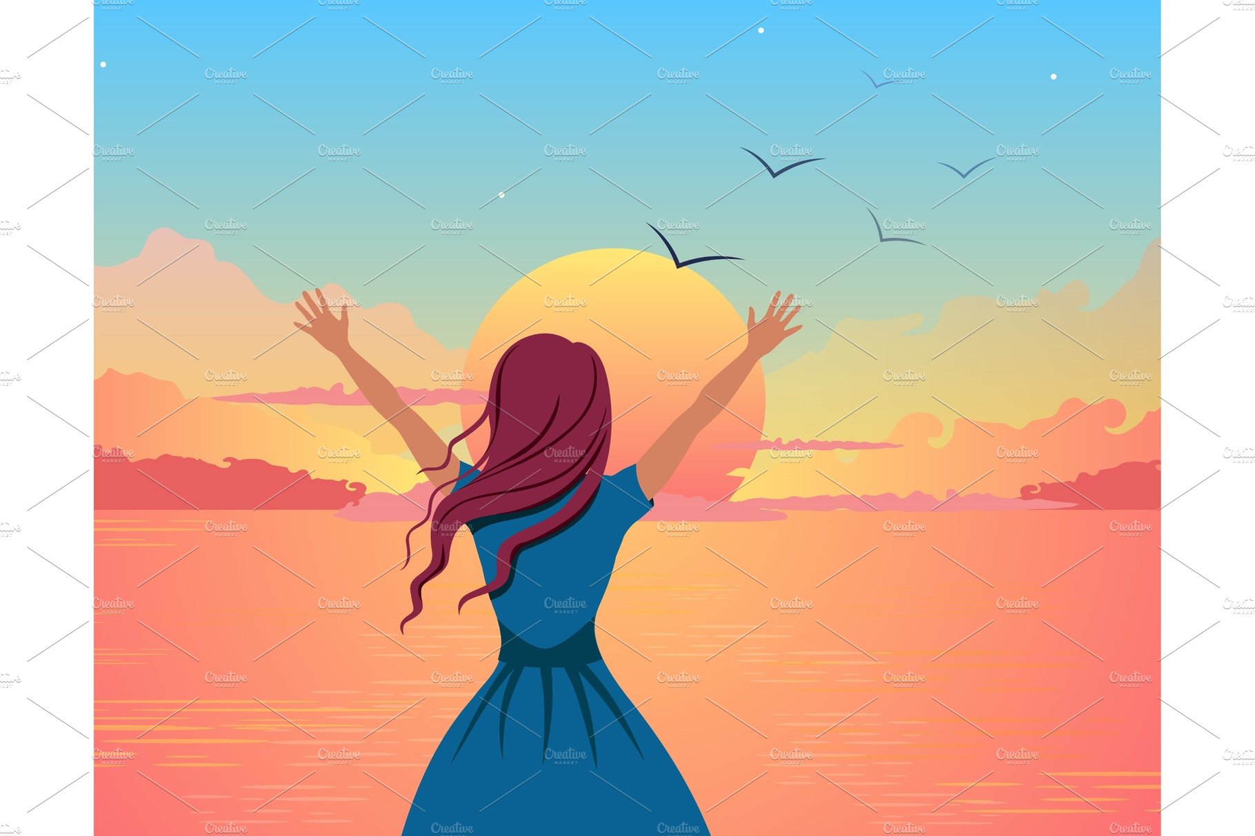 Girl joyfully greets sunset cover image.