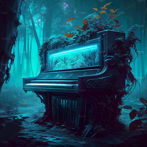 Elysium Piano standing in jungle forest in avatar style with neon lights il... cover image.