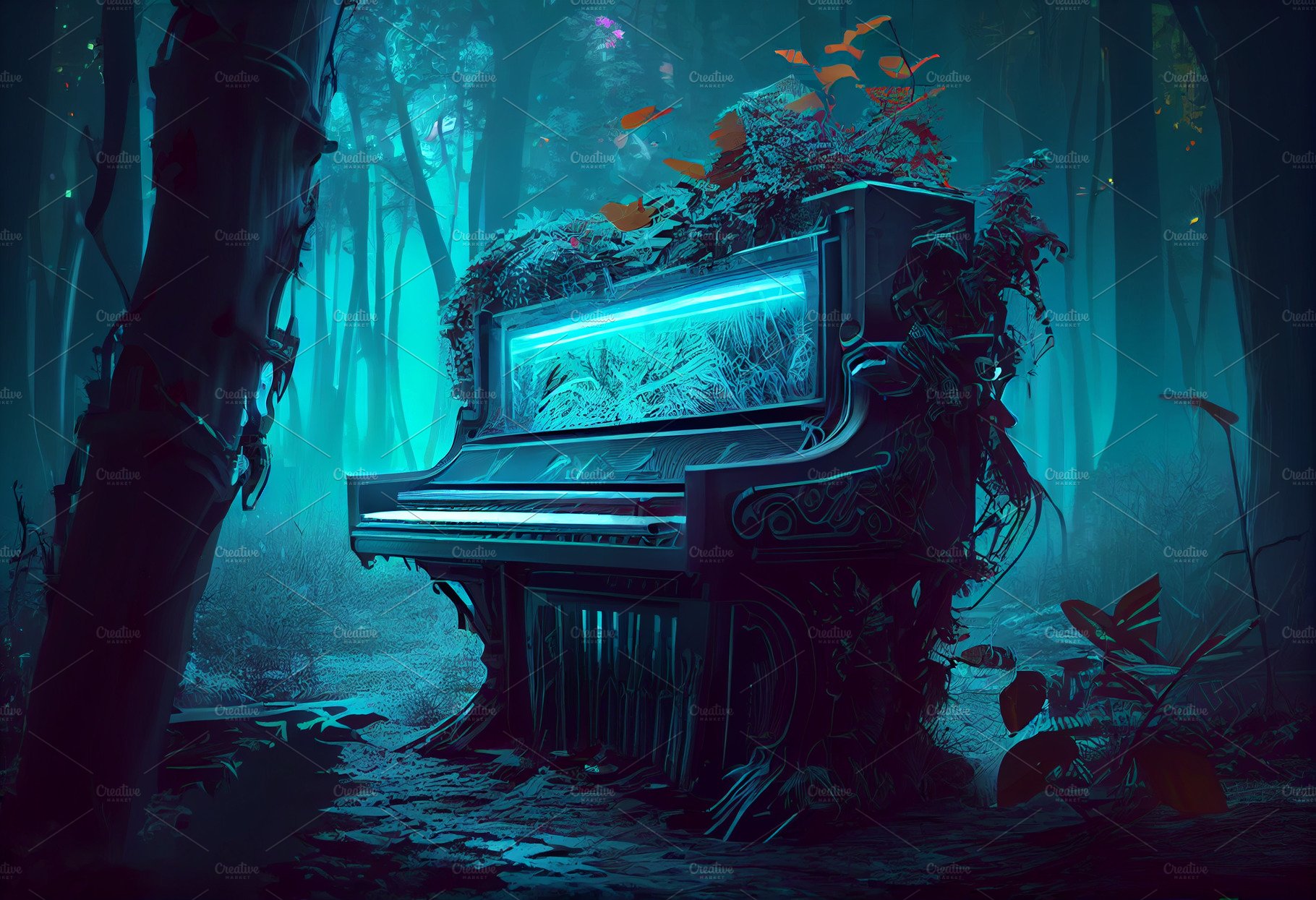 Elysium Piano standing in jungle forest in avatar style with neon lights il... cover image.