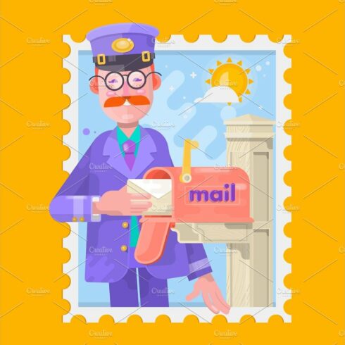 Postman In Purple Uniform Delivering Mail, Putting Letters In Mailbox. Flat... cover image.