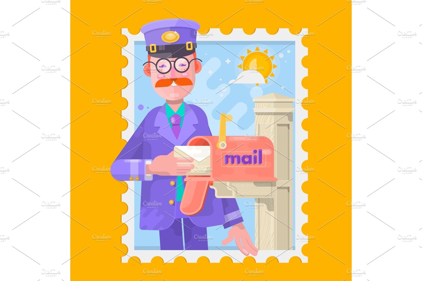 Postman In Purple Uniform Delivering Mail, Putting Letters In Mailbox. Flat... cover image.