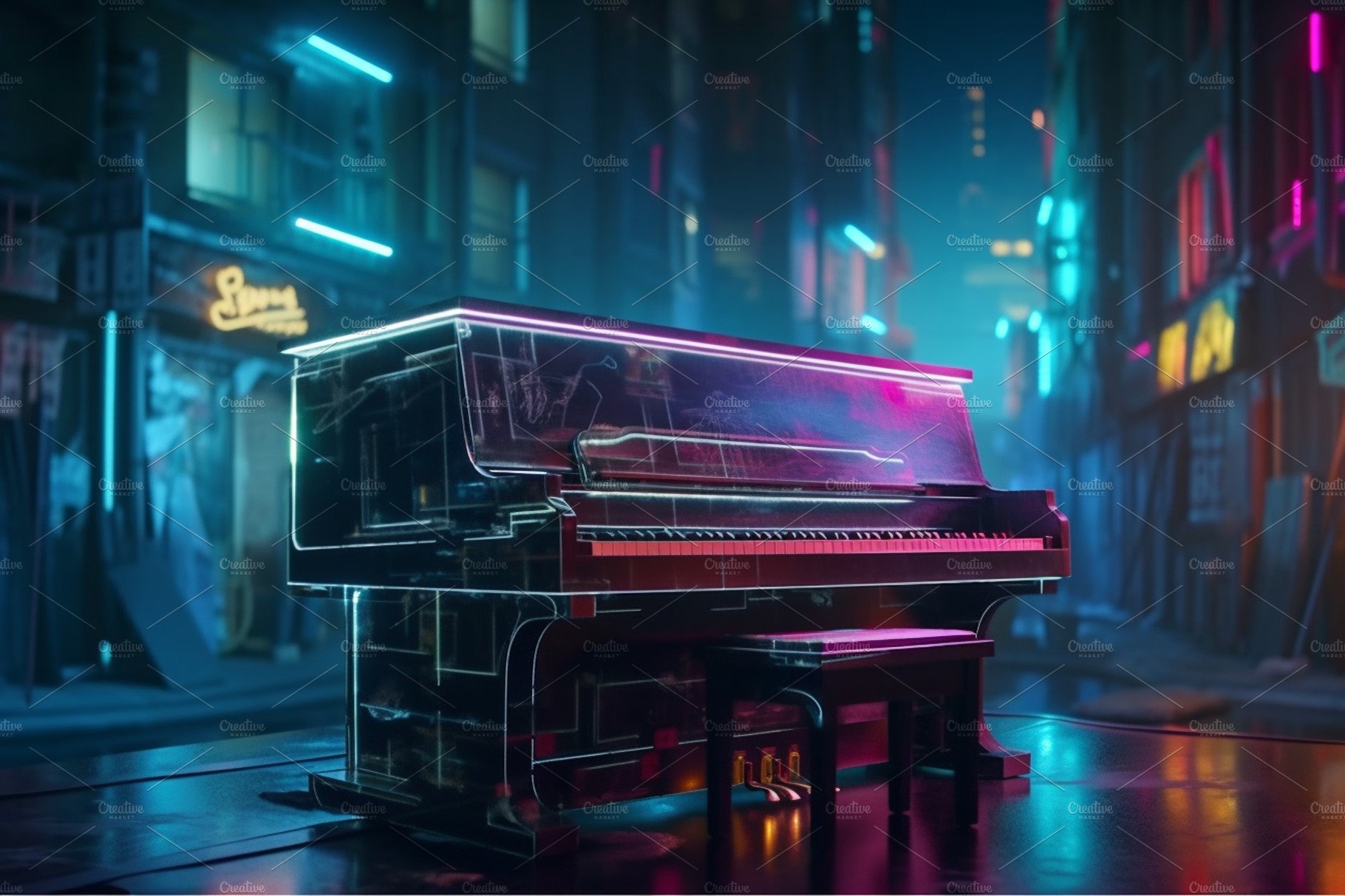 Piano standing in futuristic city street with neon lights illumination. Cyb... cover image.