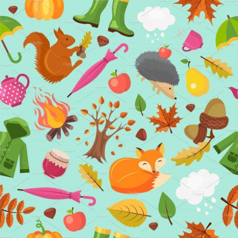 Autumn animals pattern. Forest fall cover image.
