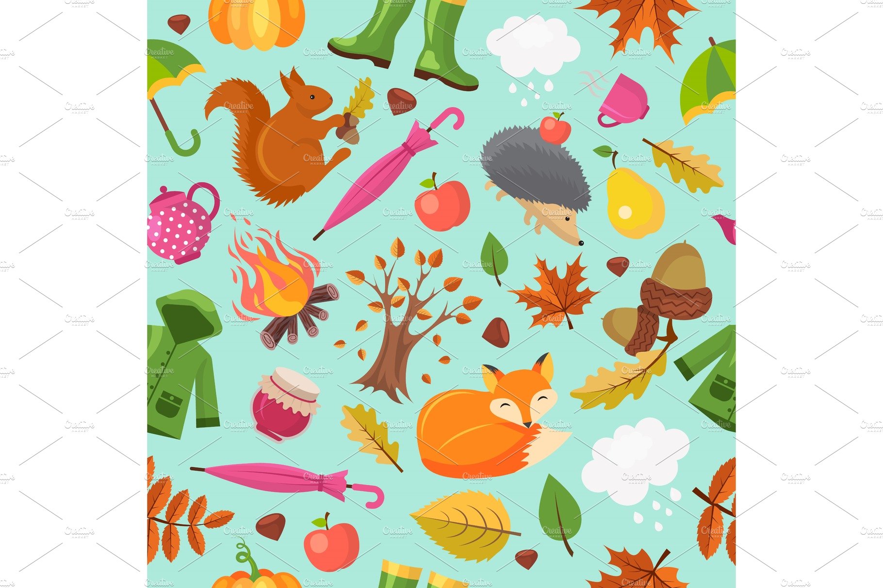 Autumn animals pattern. Forest fall cover image.