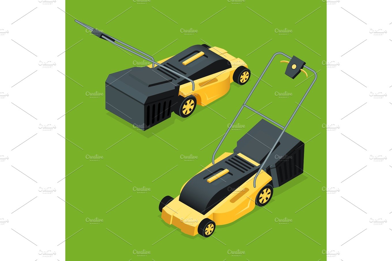 Electric yellow lawn mower in summertime. Lawn grass service concept. Isome... cover image.