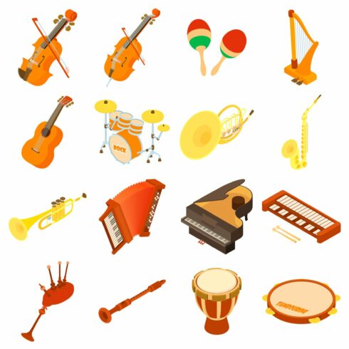 Musical instruments icons set cover image.