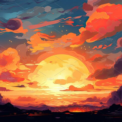 Illustrated sky with clouds, sun, stars, and sunrise or sunset. cover image.