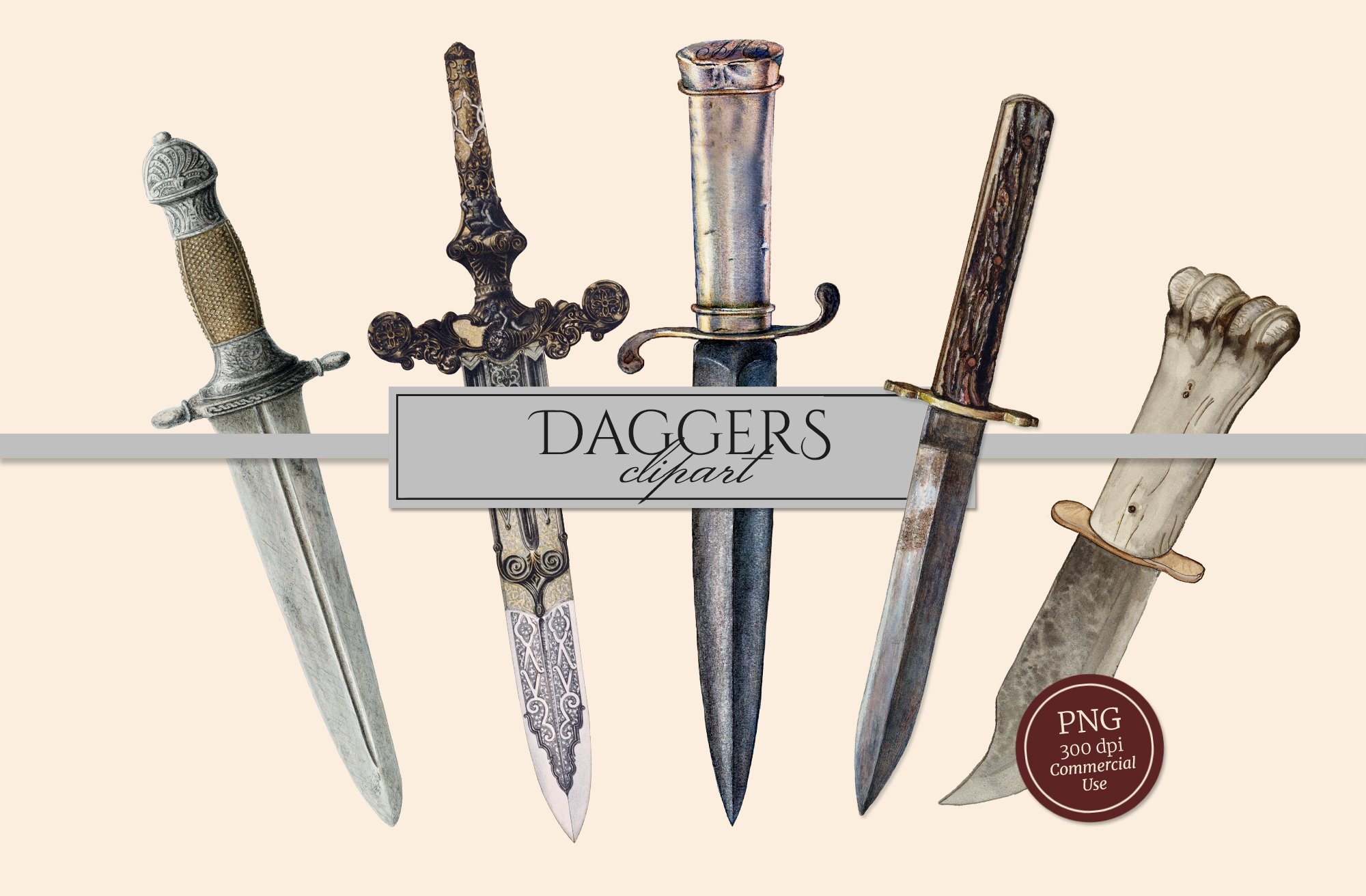 Vintage Daggers Clipart Illustration cover image.