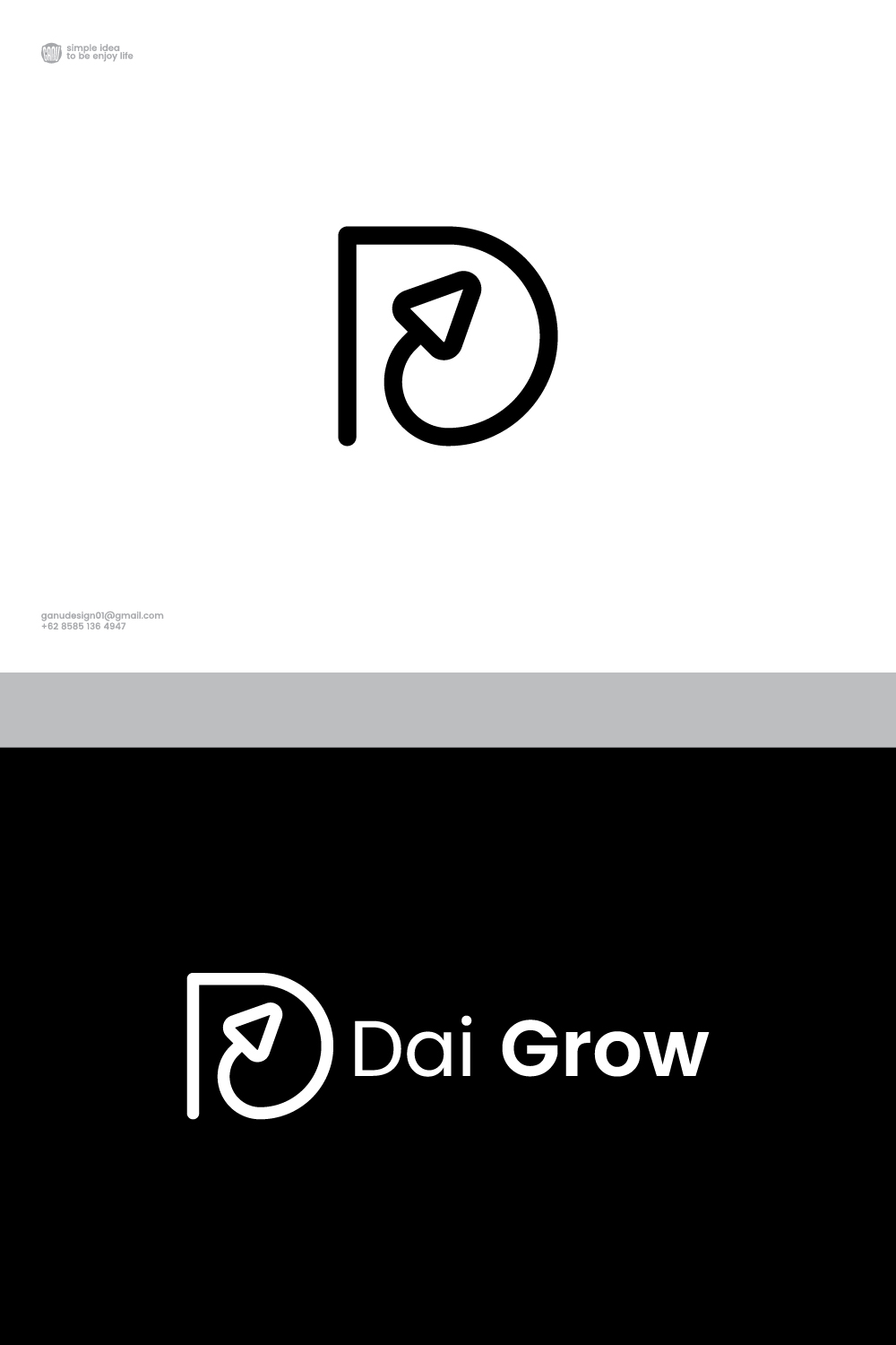 Minimalist D letter logo with Arrow design pinterest preview image.