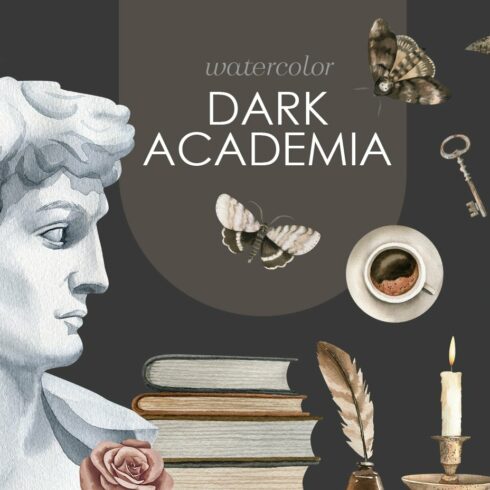 Dark Academia watercolor clipart set cover image.