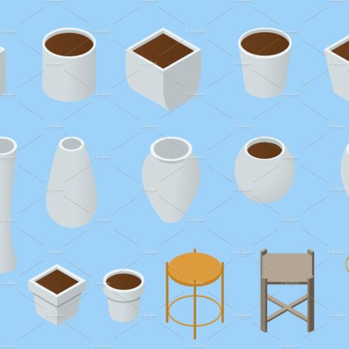 Isometric original flower pots and cover image.
