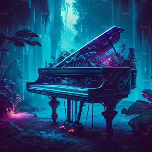 Piano standing in jungle forest in avatar style with neon lights illumination. cover image.