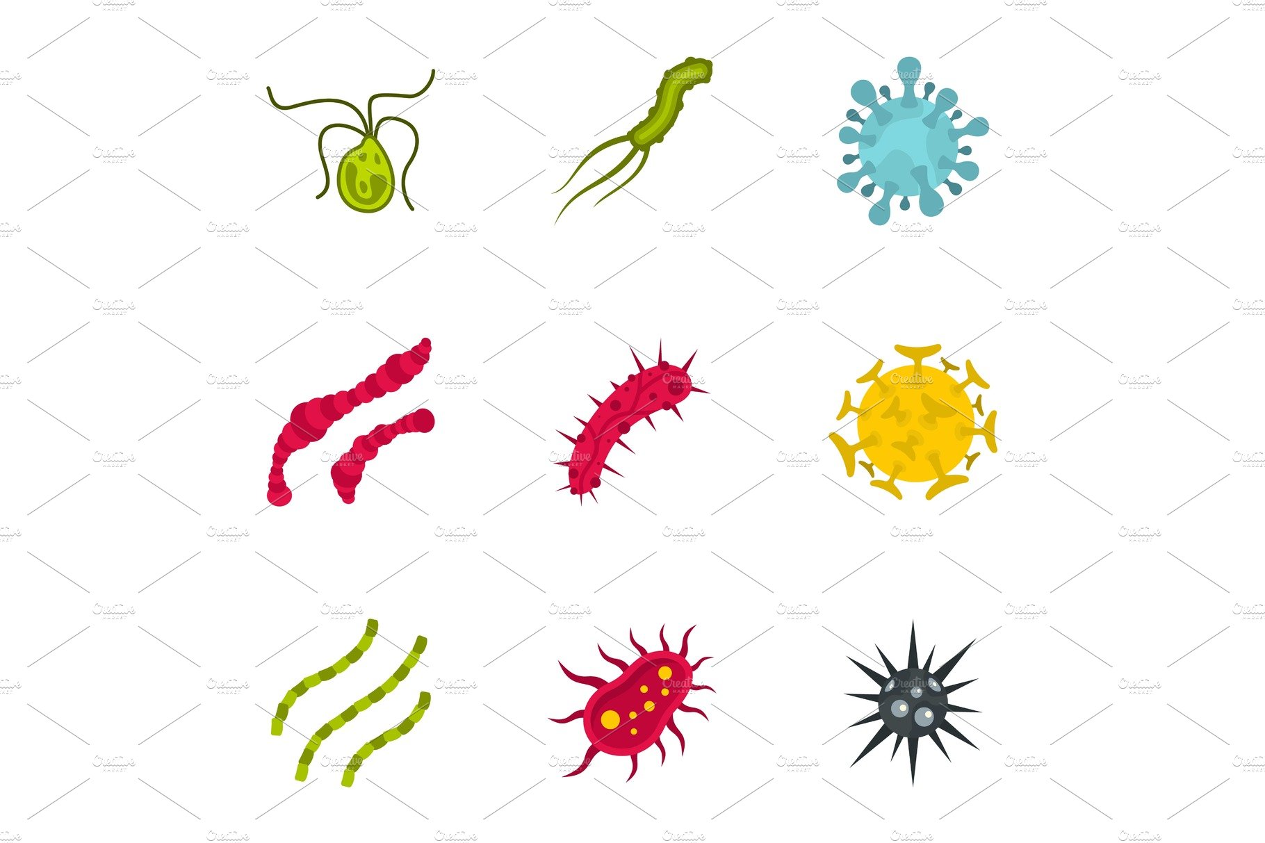 Bacteria icons set, flat style cover image.