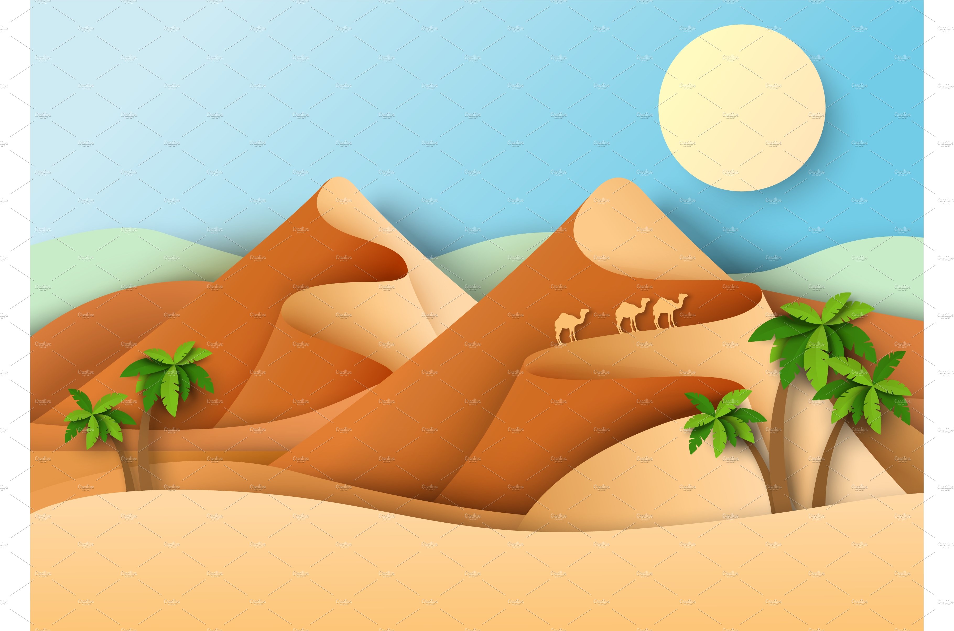 Three camels roaming desert, vector cover image.
