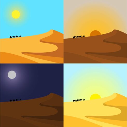 4 times of day in desert. Vector set cover image.