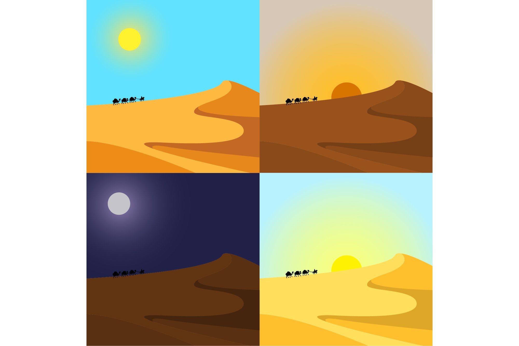 4 times of day in desert. Vector set cover image.