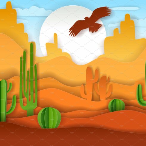Desert landscape vector paper art cover image.
