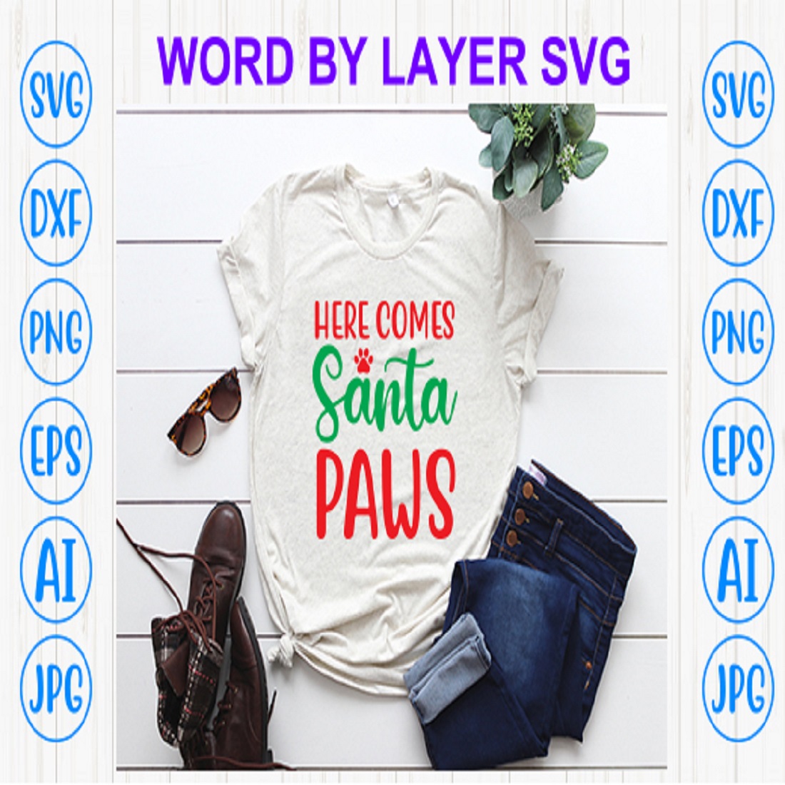 Here comes santa paws svg file preview image.